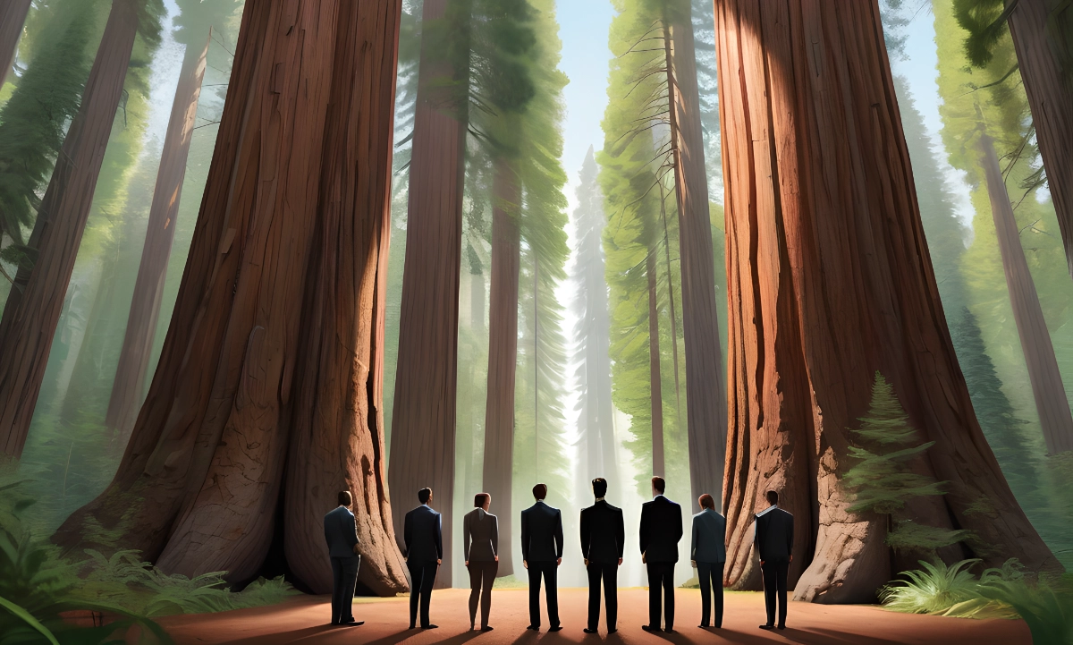 Business men looking up at redwood trees
